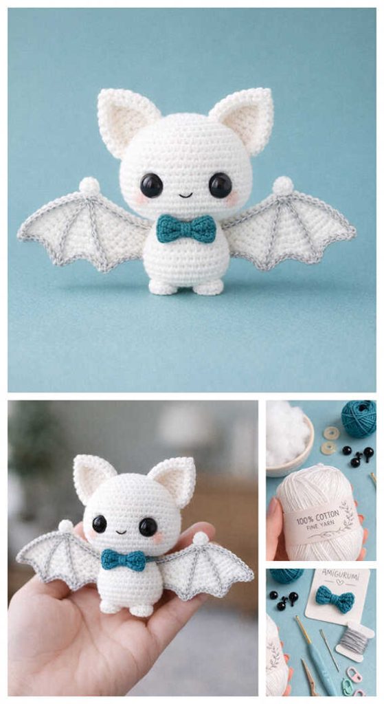 Small white amigurumi bat with bow tie and spread wings, cute crochet bat toy