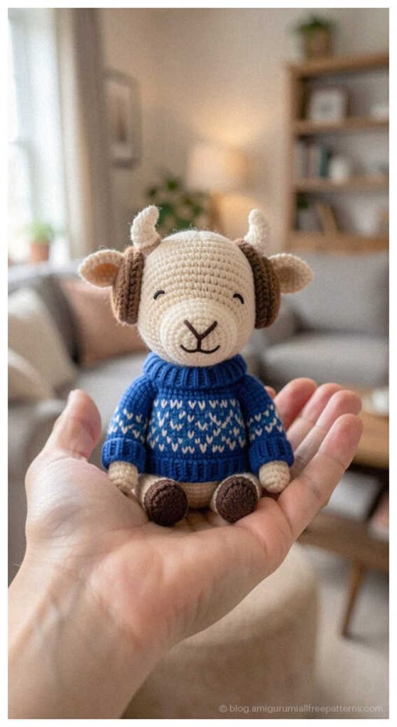 Small amigurumi bull in a blue sweater sitting in hand, free crochet bull pattern for baby shower gifts