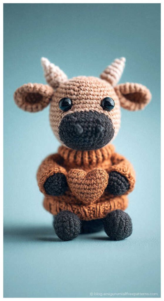 Cute brown amigurumi bull holding a heart, free crochet bull pattern for Valentine handmade gifts