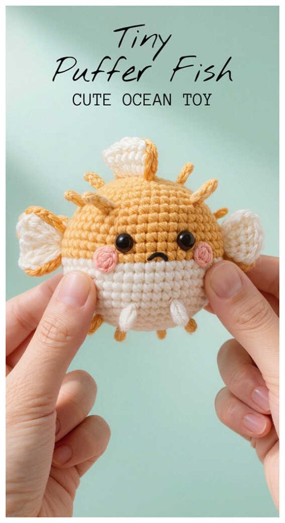 Tiny yellow amigurumi puffer fish held between fingers, adorable crochet sea creature toy