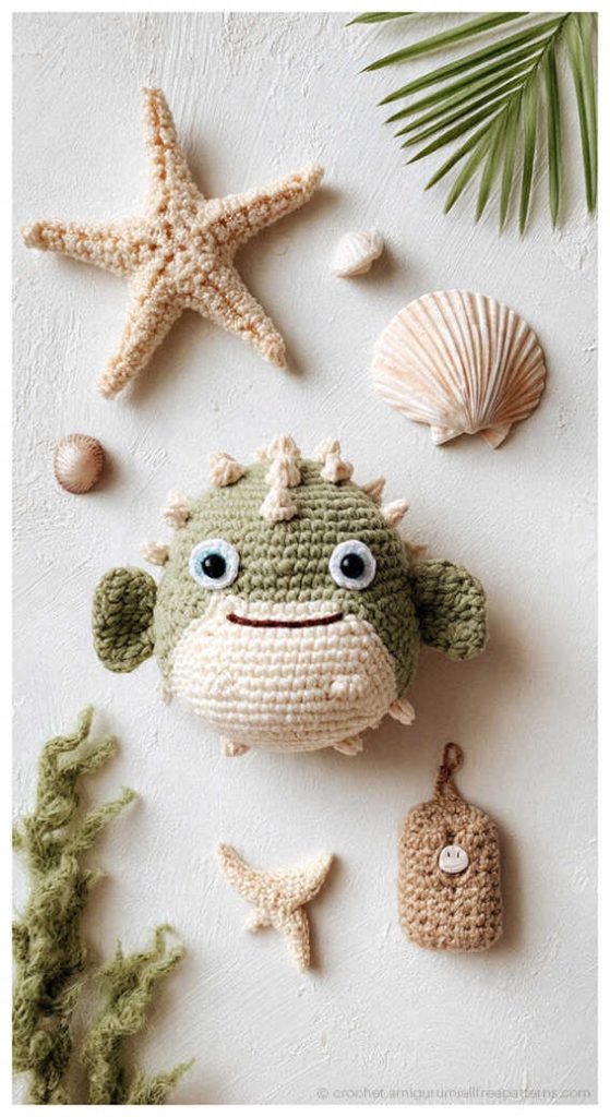 Green amigurumi puffer fish crochet toy with seashell and starfish decor, cute handmade ocean plush idea