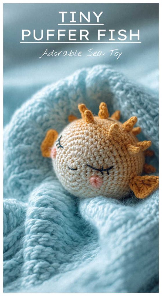 Tiny beige amigurumi puffer fish sleeping on a soft blue blanket, cute handmade ocean crochet plush