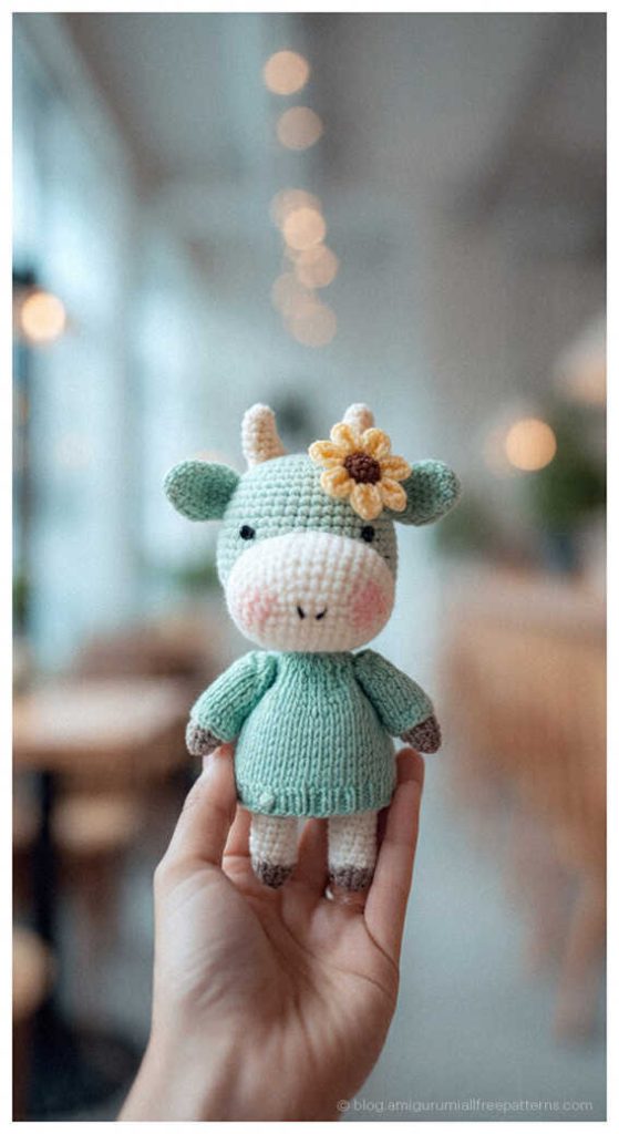 Mini pastel amigurumi bull with flower detail held in hand, free crochet bull pattern for sweet handmade gifts