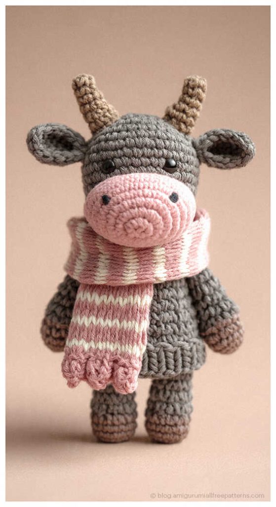 Gray amigurumi bull wearing a pink scarf, free crochet bull pattern for cozy handmade gift ideas