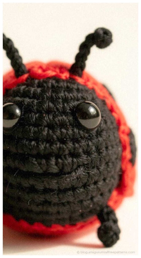 Amigurumi ladybug crochet toy close up face detail, cute crochet ladybug doll