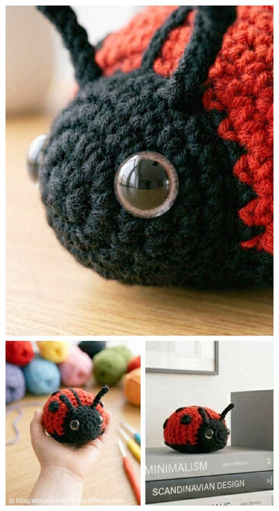 Amigurumi ladybug crochet toy eye close up detail, soft crochet ladybug texture
