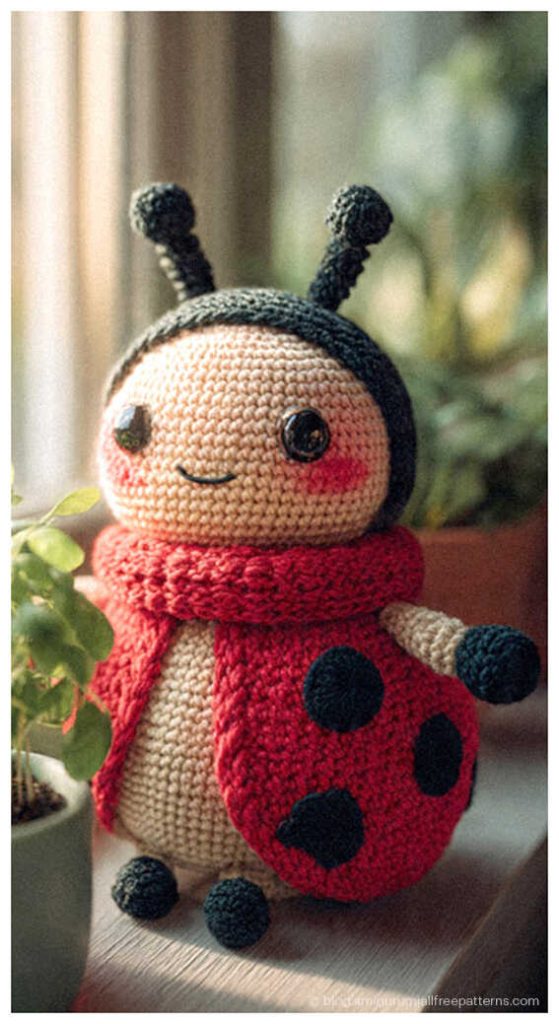 Amigurumi ladybug crochet doll sitting by window, cute crochet ladybug toy for gifts