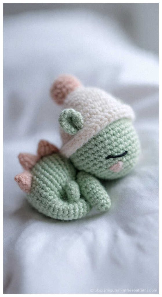 Sleeping green baby amigurumi dragon wearing a small nightcap on a pillow, cute crochet dragon plush toy idea