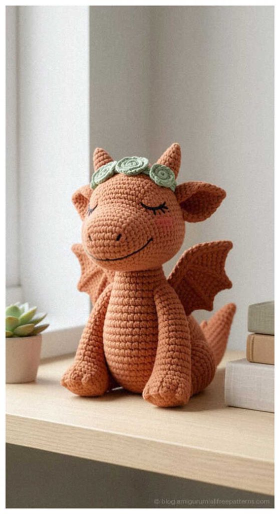 Orange amigurumi dragon with wings sitting on a wooden shelf, cute crochet dragon toy idea
