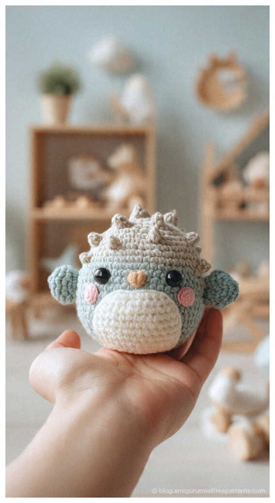 Small mint green amigurumi puffer fish crochet toy held in a hand, cute handmade ocean plush
