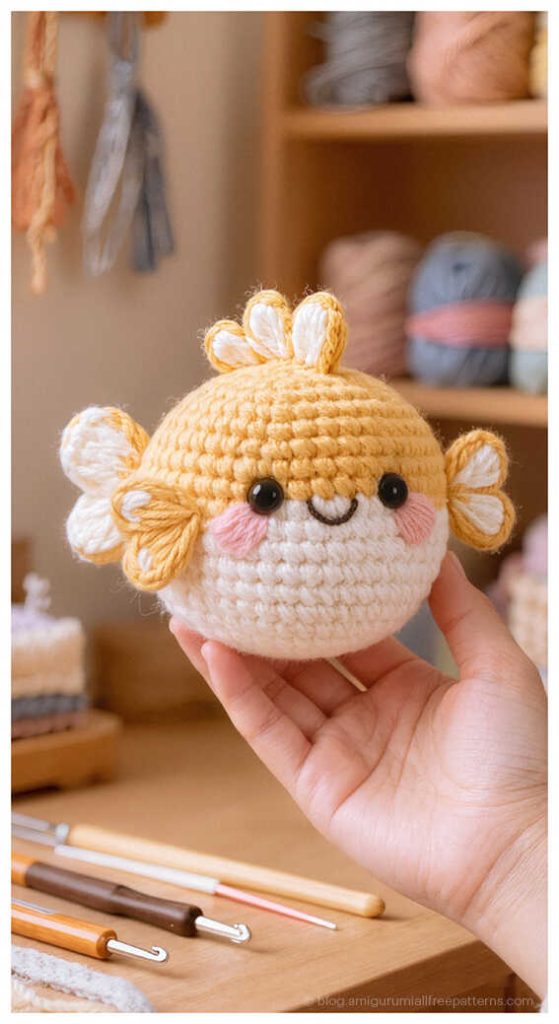 Cute yellow amigurumi puffer fish crochet toy held in hand on a craft table, adorable sea creature plush