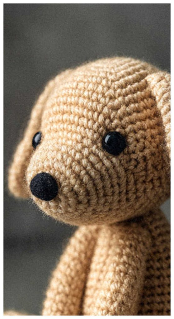 Amigurumi puppy crochet toy side view close up, cute crochet dog plush