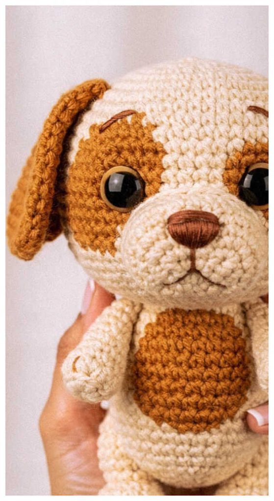Amigurumi puppy crochet toy held in hand, adorable crochet dog plush for gifts