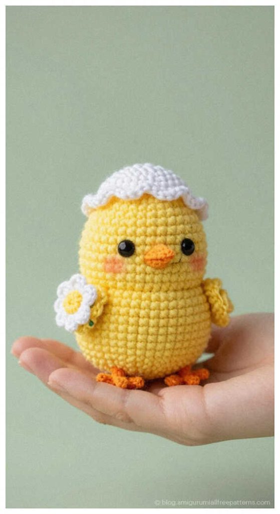 Cute amigurumi chick crochet toy with white eggshell hat held in a hand