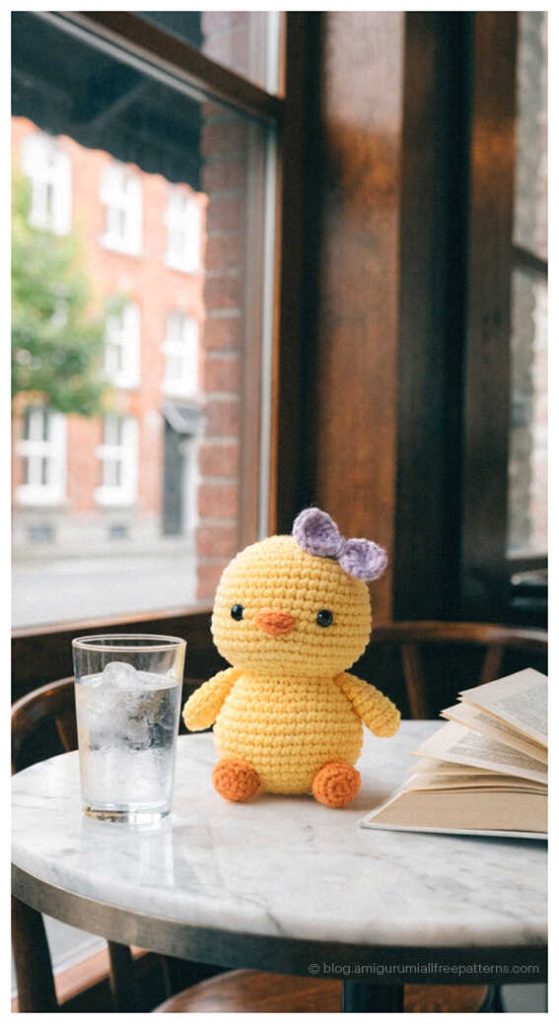Cute amigurumi chick crochet toy sitting on a cafe table, tiny crochet chick gift