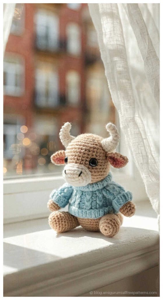 Small amigurumi bull in a pastel sweater sitting by a window, free crochet bull pattern for baby gift ideas