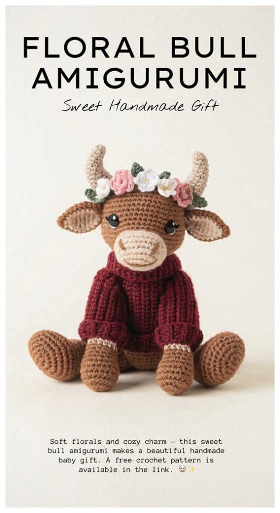 Floral amigurumi bull wearing a flower crown and burgundy sweater, free crochet bull pattern for handmade gifts