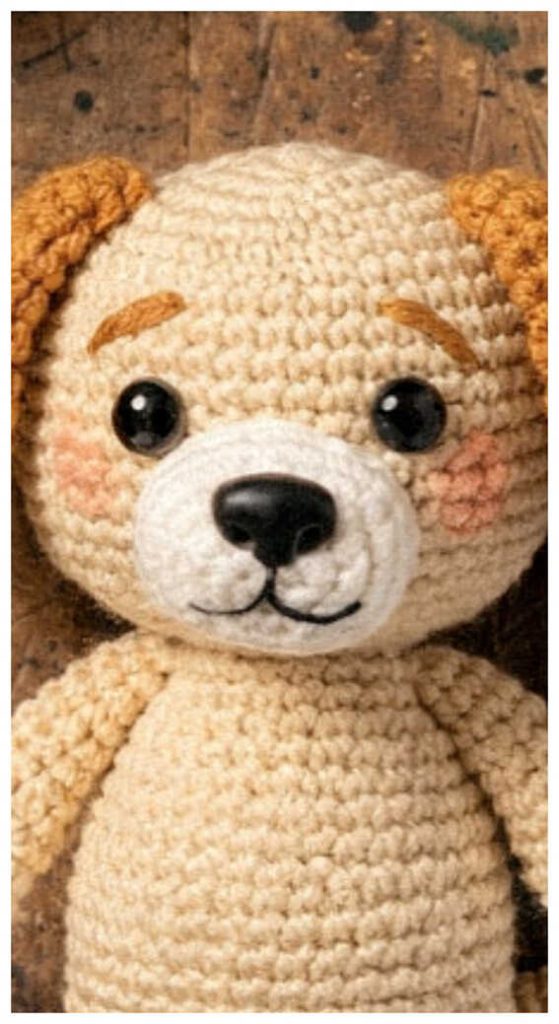 Amigurumi puppy crochet toy front view close up, cute crochet dog plush