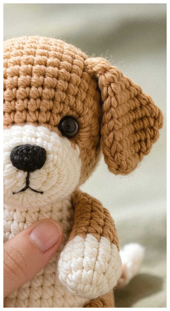 Amigurumi puppy crochet toy held in hand side view, adorable crochet dog plush