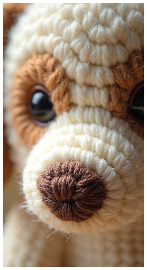 Amigurumi puppy crochet toy nose and eye detail macro, soft crochet dog texture