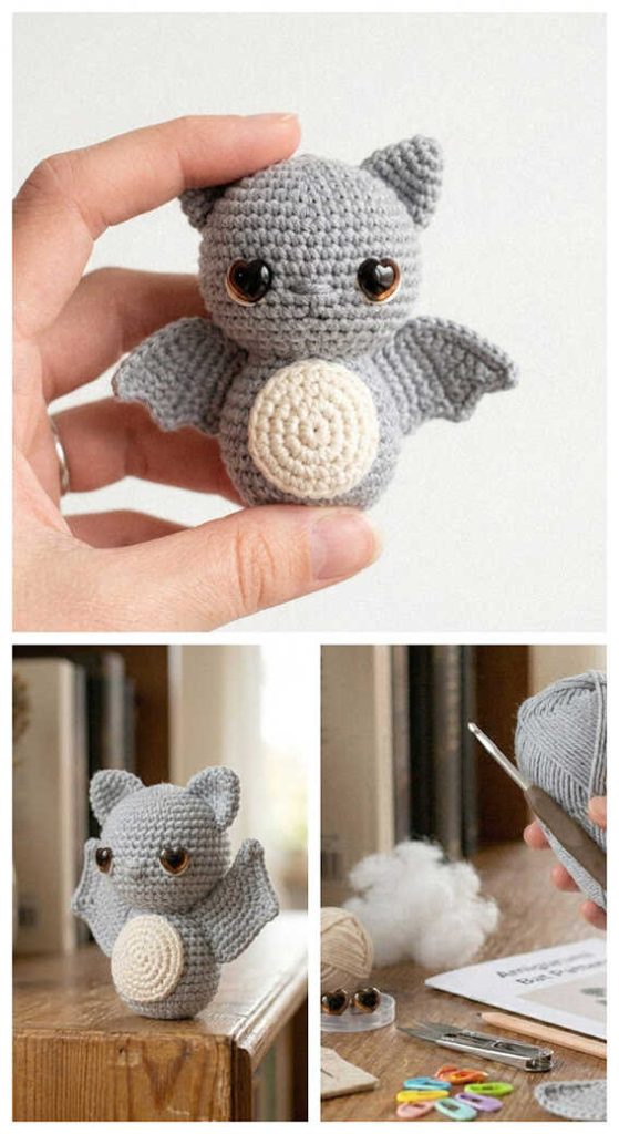 Small gray amigurumi bat held between fingers, adorable crochet bat plush toy