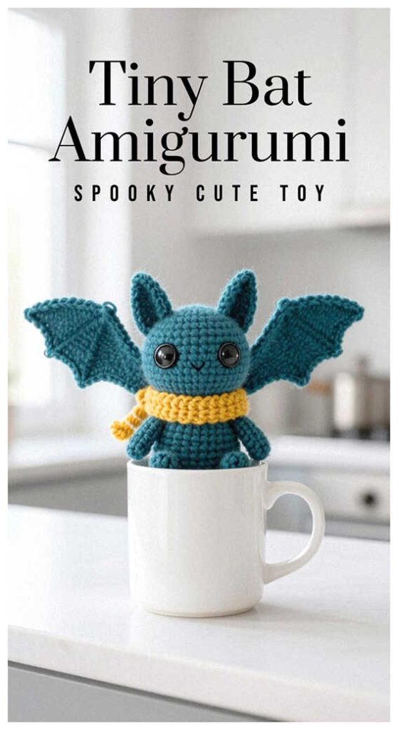 Tiny blue amigurumi bat sitting in a mug with wings open, cute crochet bat toy