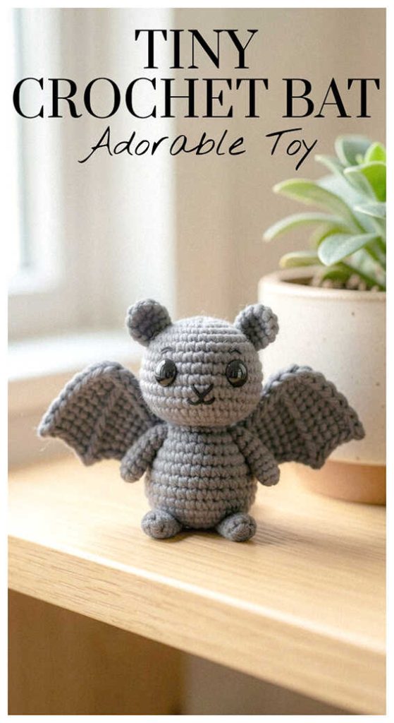Cute gray amigurumi bat with spread wings sitting on a wooden shelf, crochet bat plush toy
