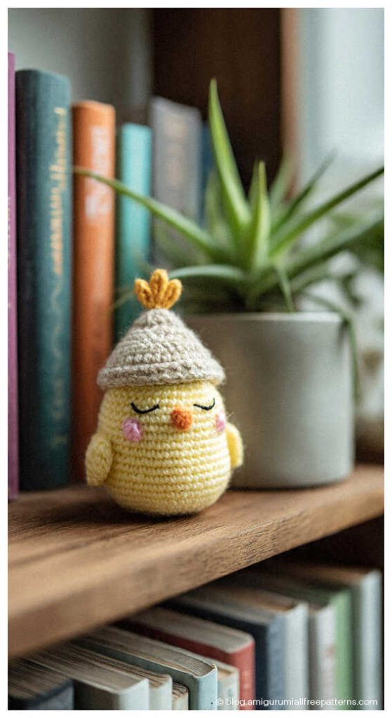 Amigurumi chick crochet toy with a tiny hat sitting on a bookshelf, cute crochet chick decor
