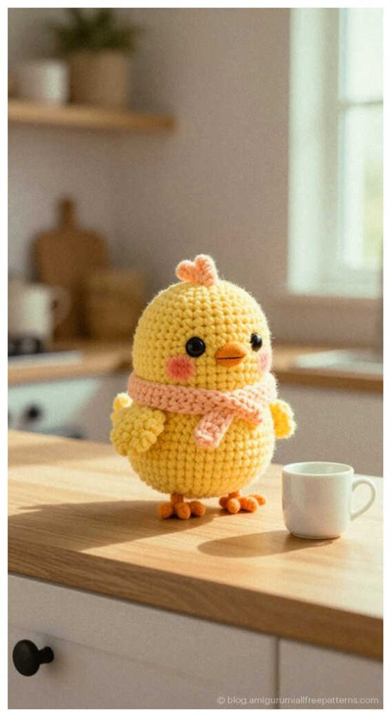 Cute amigurumi chick crochet toy standing on a kitchen counter, tiny crochet chick gift