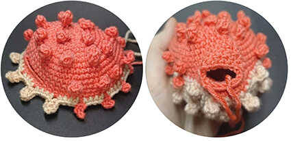 crochet puffer fish amigurumi body with spikes showing the textured stitch pattern and mouth opening