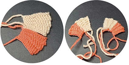 crochet puffer fish amigurumi fins pieces showing the two color fin shape before attaching to the body