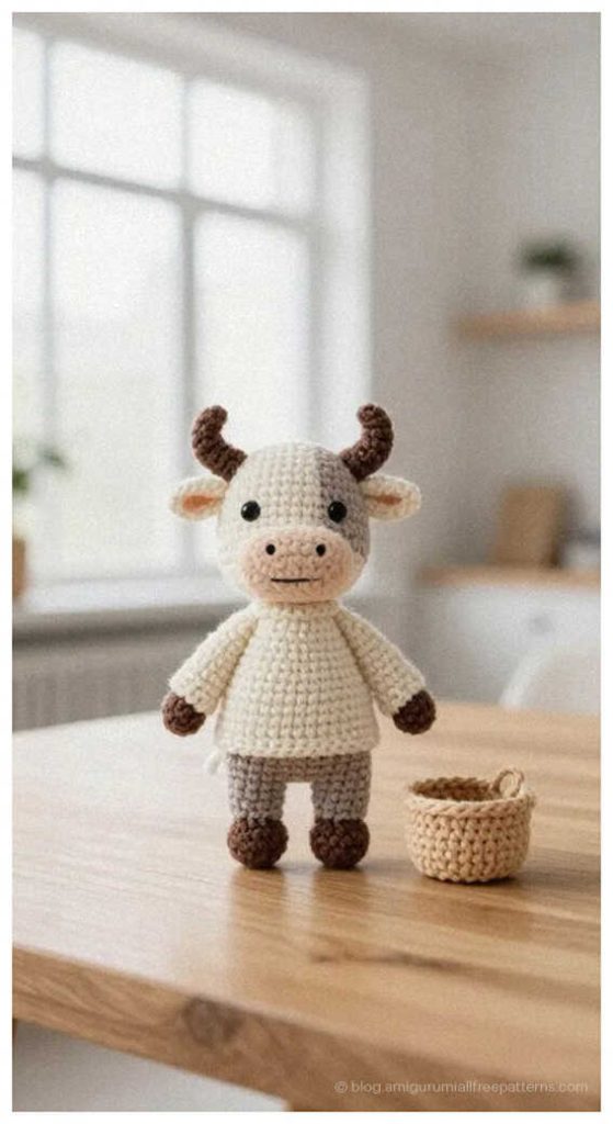 Small cream amigurumi bull standing on a wooden table, free crochet bull pattern for farmhouse gift ideas