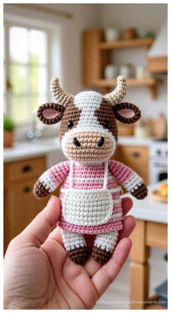 Cute amigurumi bull in a pink apron held in hand, free crochet bull pattern for kitchen decor gifts