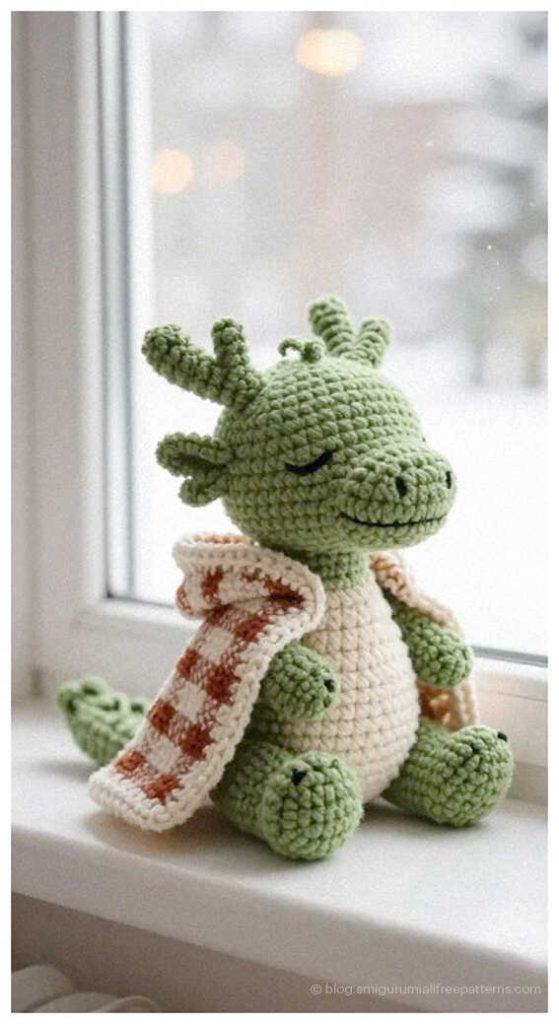 Sleeping green amigurumi dragon sitting by a window wearing a small scarf, cute crochet dragon plush toy idea