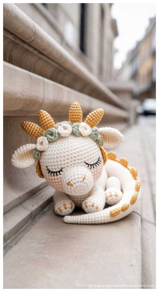 Sleeping white amigurumi dragon with yellow spikes resting by a window, cute crochet dragon plush toy idea