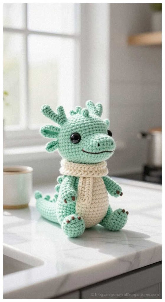 Small mint green amigurumi dragon sitting on a kitchen counter, cute crochet dragon plush toy