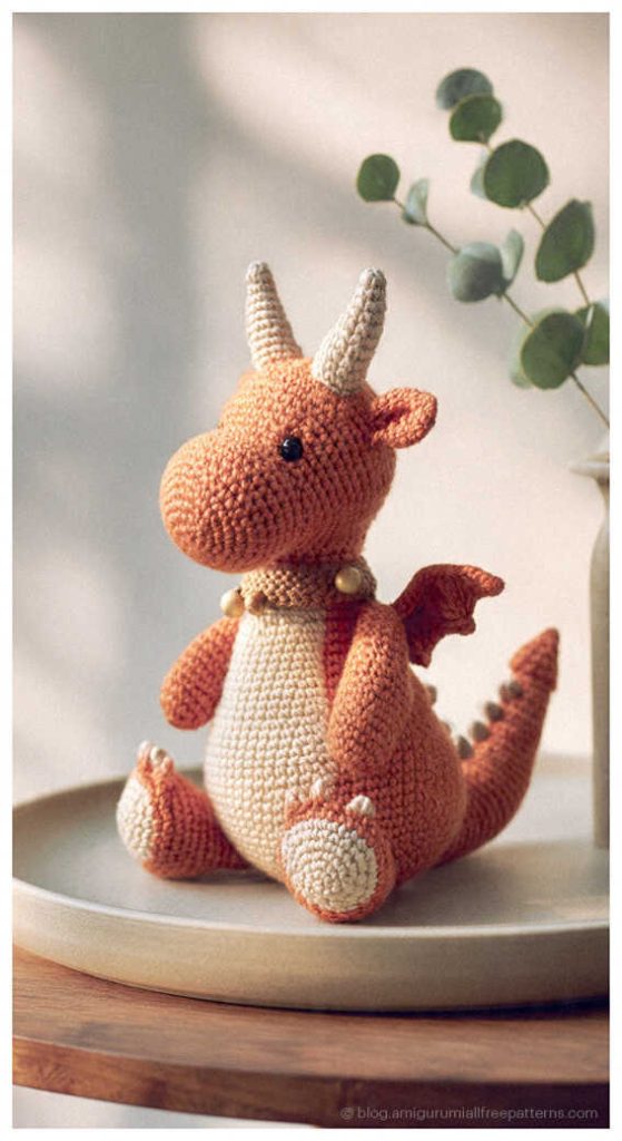 Cute orange amigurumi dragon sitting on a plate with a plant in the background, crochet dragon plush toy idea