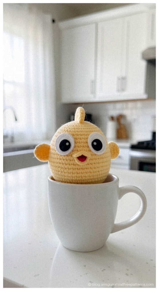 Small yellow amigurumi puffer fish crochet toy sitting in a coffee cup, cute handmade ocean plush idea