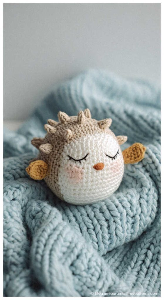 Tiny beige amigurumi puffer fish sleeping on a soft knitted blanket, cute handmade ocean plush