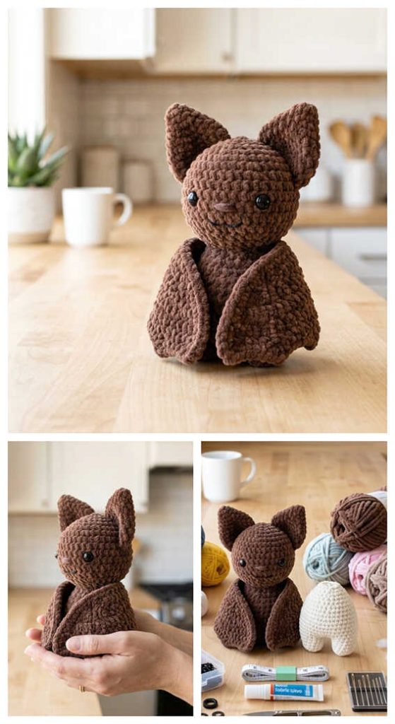 Tiny brown amigurumi bat sitting on a wooden table, cute crochet bat plush toy