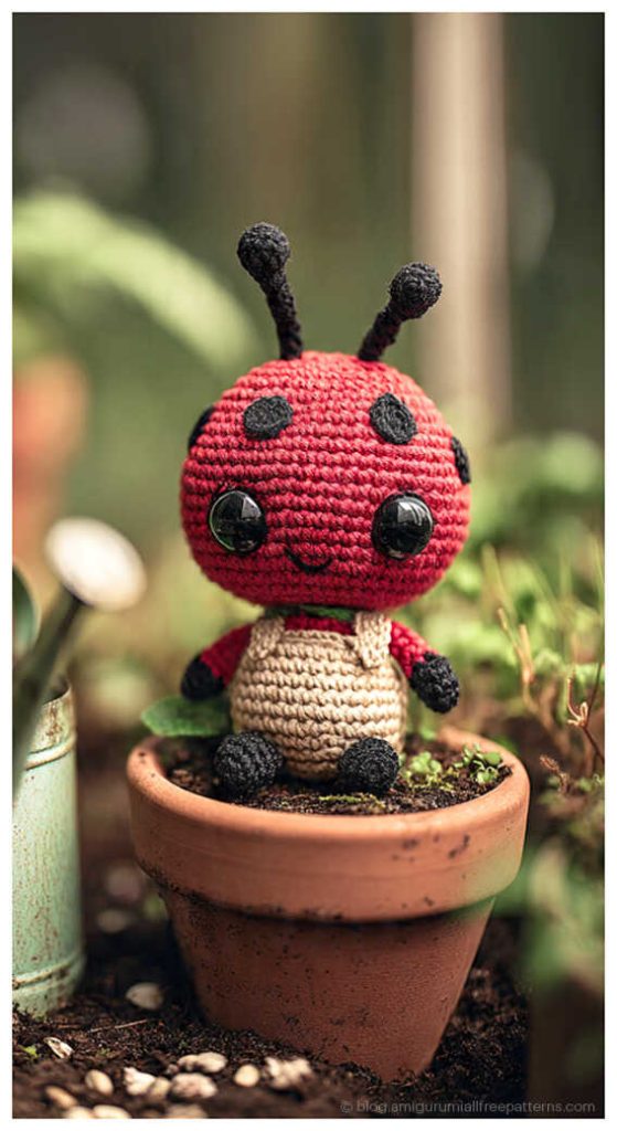 Amigurumi ladybug crochet doll sitting in plant pot, adorable crochet ladybug toy for decor