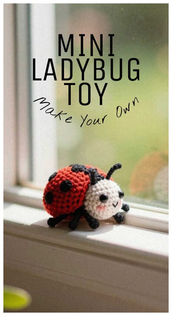 Mini amigurumi ladybug crochet toy on window ledge, tiny crochet ladybug plush for decor