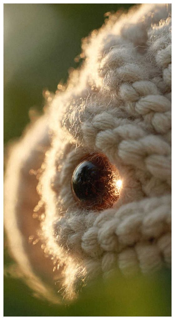 Amigurumi puppy crochet toy eye close up with soft light, detailed crochet dog texture