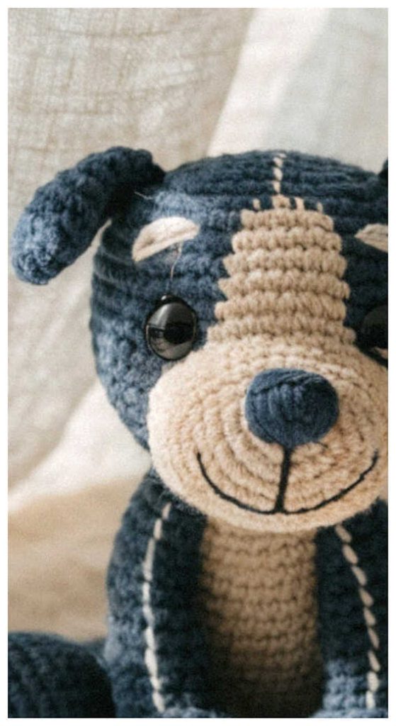 Amigurumi puppy crochet toy front view with smile, cute crochet dog plush