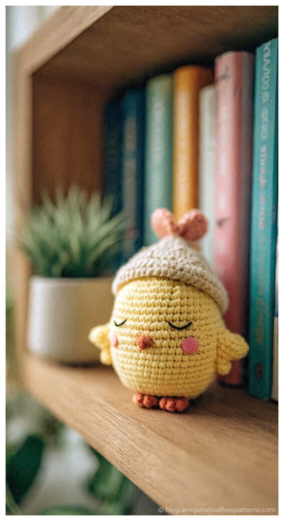 Amigurumi chick crochet toy wearing a tiny hat on a bookshelf, cute crochet chick decor