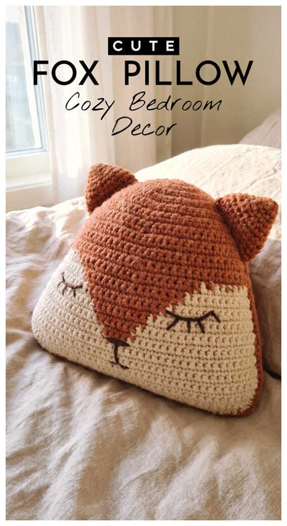 crochet fox pillow soft textured cozy bedroom decor accent cushion gift idea