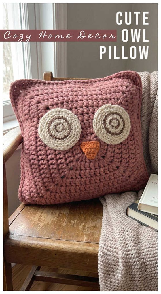 crochet owl pillow handmade square cushion warm home decor gift idea for living room