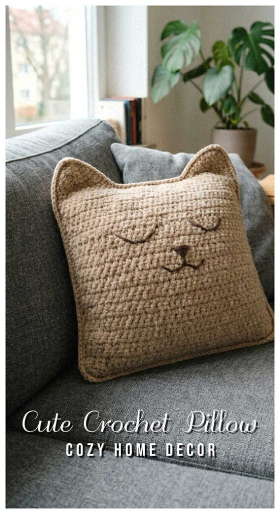 crochet cat pillow minimalist neutral cushion cozy home decor soft plush gift idea